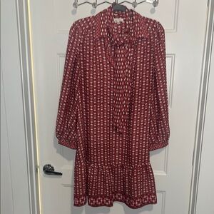 Red Patterned Dress with Tie Neck